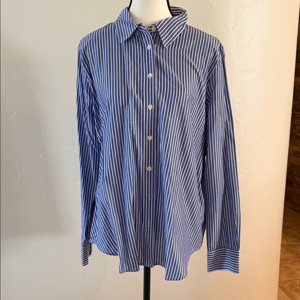 Ann Taylor Blue & White Striped Women’s Button-Up Shirt